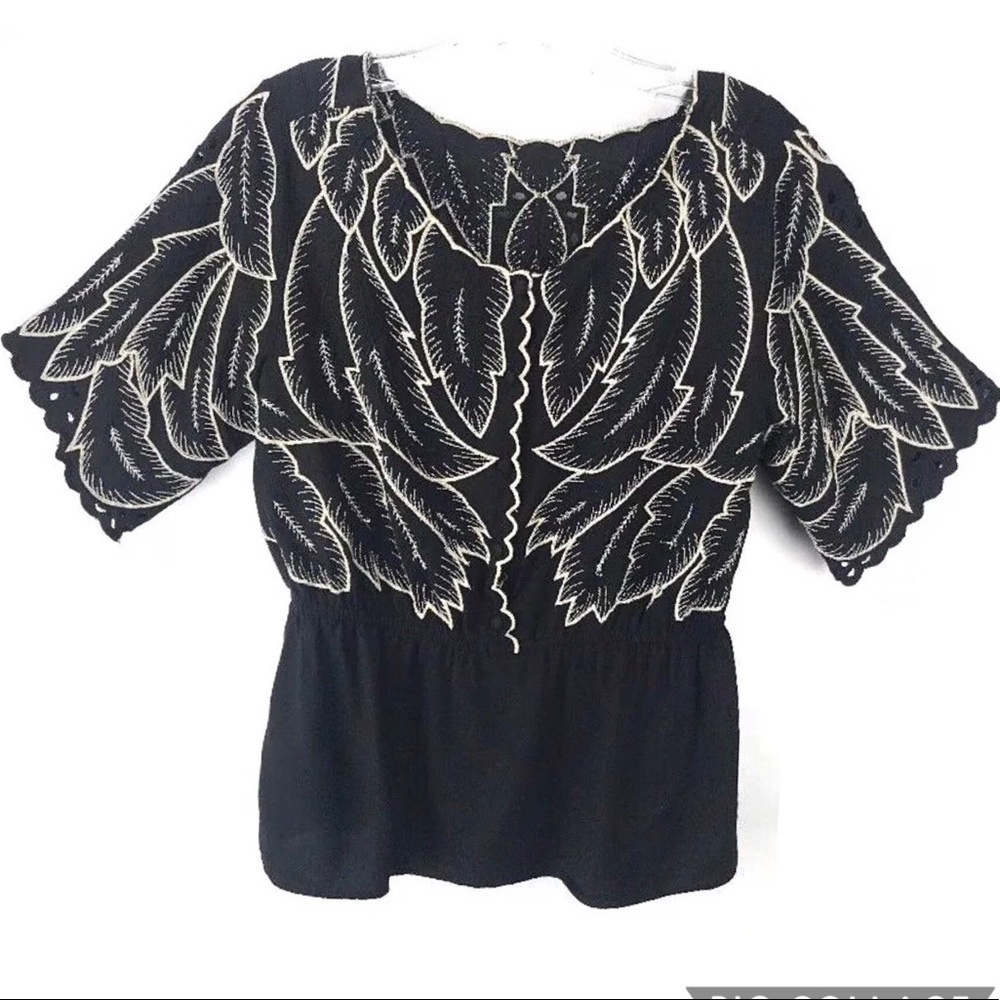 Classy Boho Black Viscose Top Tan Embroidered